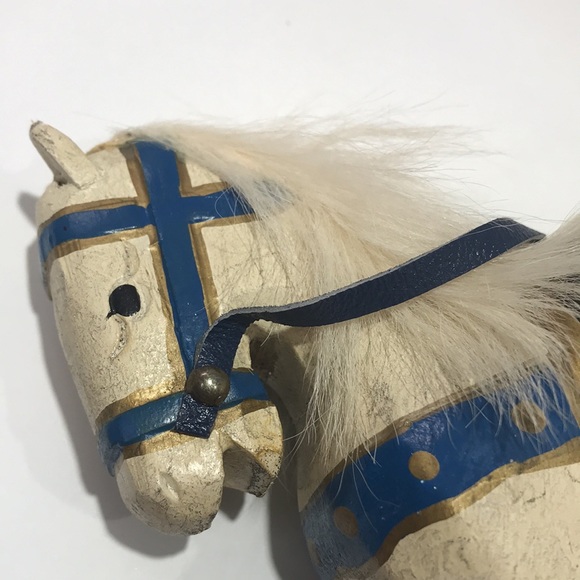 Vintage Shabby Chic Small Wooden Rocking Horse With Real Fur Mane - Picture 12 of 16